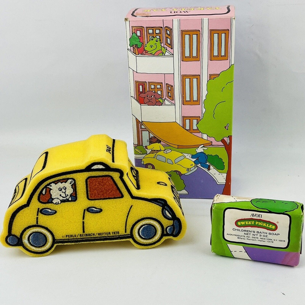 Vtg Avon Sweet Pickles Yakety Yak Taxi‎ Sponge & Soap Bath Set 1978 Original Box